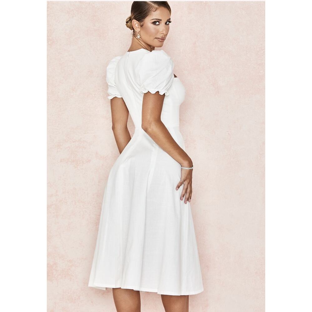 House of CB Ellery White linen blend puff sleeve midi sundress - Picture 2 of 7
